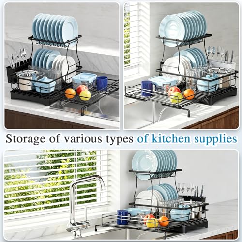 2 Tier Dish Drying Rack (Black / double-tier dish rack 16.7"w X14.8"H 12.8"-20.8"I)