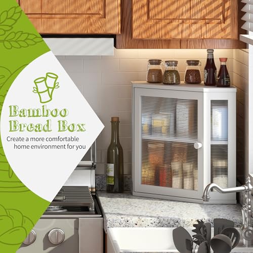Corner Bread Box for Kitchen Countertop Double Layer Bamboo Wooden Bread box Large Capacity Bread Storage Bin (White / Medium)