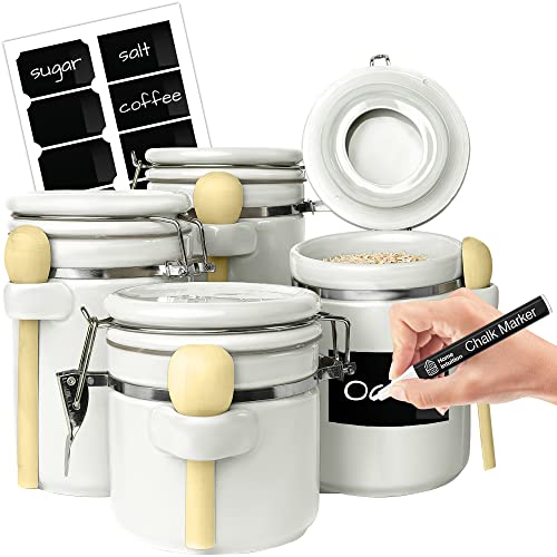 4 Piece Ceramic Kitchen Canisters Set Airtight Containers with Wooden Spoons For Sugar