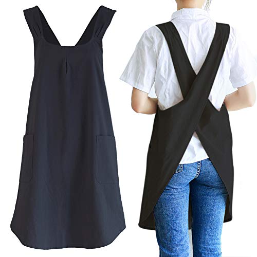 Japanese Cotton Linen Cross Back Cooking Apron for Women Men with Pockets Cute for Baking Kitchen