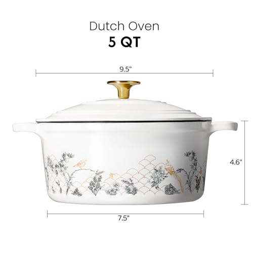 Cast Iron Dutch Oven Pot with Lid (White Bird & Floral / 5QT)