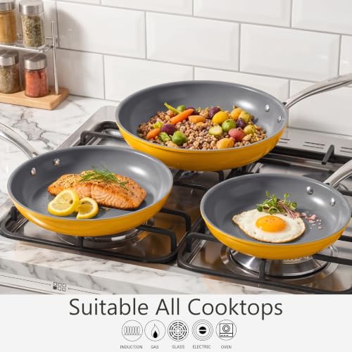 3 Piece Yelllow Ceramic Nonstick Frying Pan Set (Yellow)
