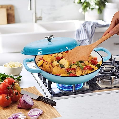 3.8 Quart Enameled Cast Iron Braiser Pan with Lid (Light Blue / 3.8QT)