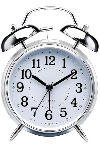 Table Clock Retro Twin Bell Metal Frame Alarm Clock with Night Backlight Function and Silent Motion (Silver Vintage)