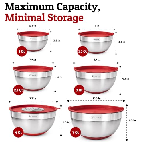 6Pc Stainless Steel Mixing Bowls with Lids Set (Red)