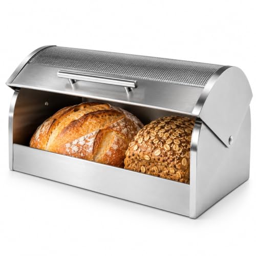 Stainless Steel Roll Top Bread Box for Kitchen Countertop with Tempered Glass Lid (15.25 x 8.25 x 8.25 inches / Roll top with Tempered Glass Lid)