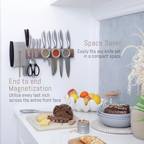 Walnut 16 inch Magnetic Knife Holder for Wall with 2x Storage & Charming Wood (Walnut Wood / 16" w/ Wall Mount)