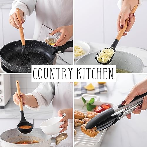 Non Stick Silicone Utensil Set with Rounded Wood Handles for Cooking and Baking (38 Piece Set / Black)