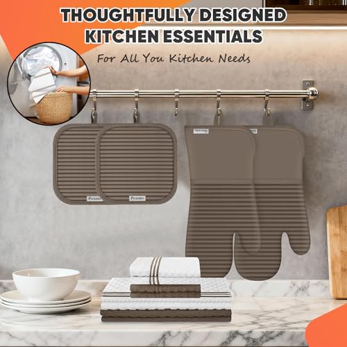 Oven Mitts Kitchen Towels and Dishcloths with Pot Holders Sets (Khaki)