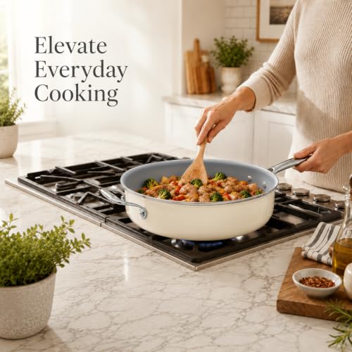 12 INCH Ceramic Nonstick Deep Frying Pan with Lid (Cream & Grey / 12 Inch /5 QT)