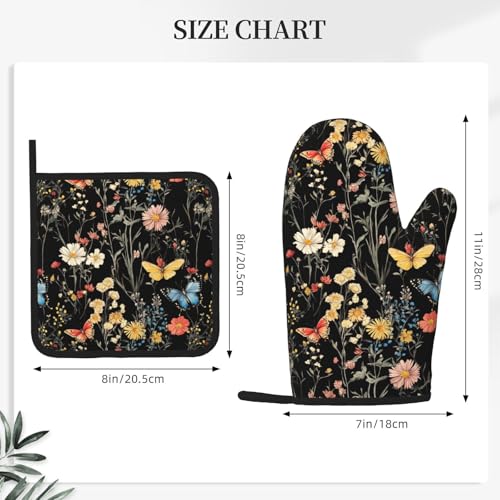 Oven Mitts Pot Holders Set Vintage Butterfly Flower Botanical Silicone Kitchen Gloves Potholders Heat Resistant for Chef Baking Cooking Grilling BBQ 4 Pack Mitt (B017)