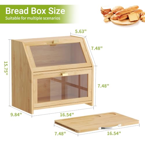 Bread Box with Cutting Board for Kitchen Countertop Corner Bread box Double Layer Bamboo Extra Large Capacity Bin Kitchen Food Storage Container (Natural)