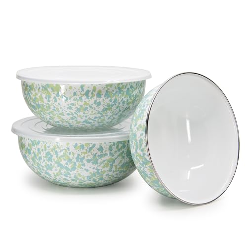 Enamelware Nested Mixing Bowls with Lids (Set of 3 - 3, 3.5 & 4.5 quarts / Jardin Swirl)