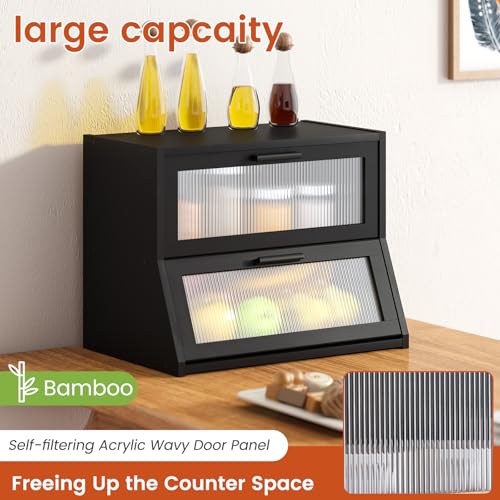 Double Layer Bamboo Bread Box for Kitchen Counter (Black / Medium)