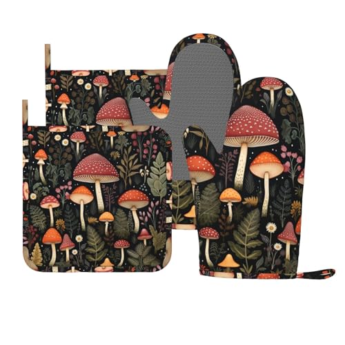 Oven Mitts and Pot Holders Mushroom Botanical Leaf Vintage Silicone Kitchen Accessories Set of 4 Heat Resistant Long Gloves Potholder Non (A0632)
