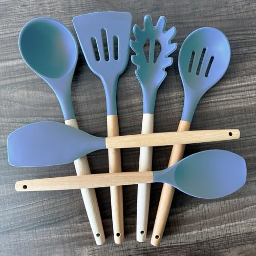 Silicone Cooking Utensils Set 6Pcs Heat Resistant Silicone Kitchen Utensils Set for Cooking Spatula Spoon Turner Ladle w Wooden Handle (Standard 6-Piece Set / Blue)