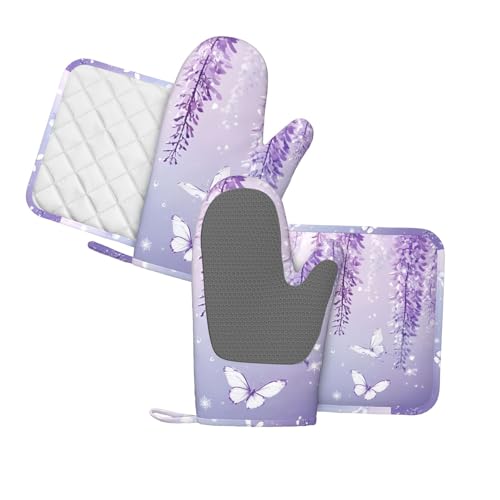 Oven Mitts and Pot Holders Lavender Butterfly Light Purple Flower Silicone Kitchen Accessories Set of 4 Heat Resistant Long Gloves Potholder Non (A06641)