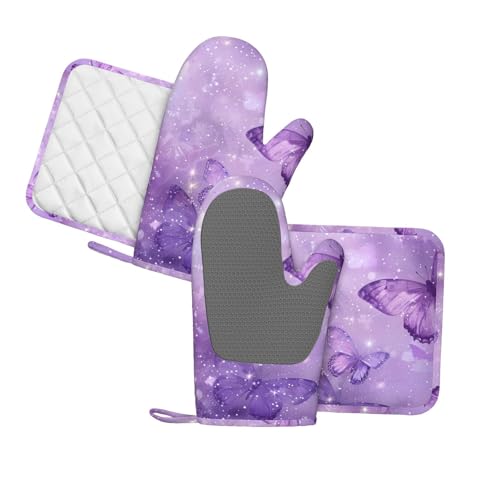 Oven Mitts Pot Holders Set Butterfly Purple Pastel Silicone Kitchen Gloves Potholders Heat Resistant for Chef Baking Cooking Grilling BBQ 4 Pack Mitt (B1111)