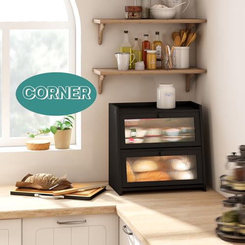 Bread Box for Kitchen Counter (Black With Cutting Board)