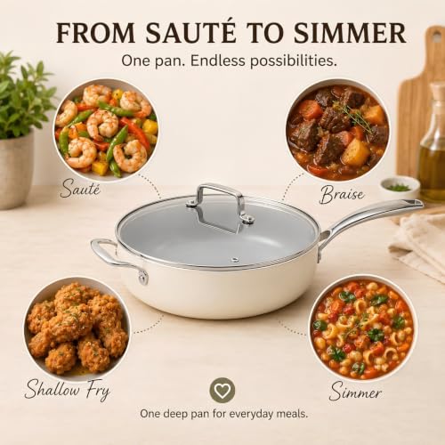 12 INCH Ceramic Nonstick Deep Frying Pan with Lid (Cream & Grey / 12 Inch /5 QT)