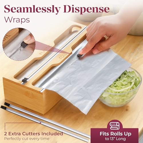 Bamboo Food Storage Bag Organizer for Drawer with Foil & Plastic Wrap Dispenser