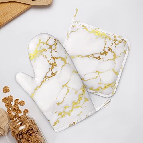 Marble Oven Mitts Pot Holders Set Silicone White Gold Kitchen Gloves Potholders Heat Resistant for Chef Baking Cooking Grilling BBQ 4 Pack Mitt (A2)