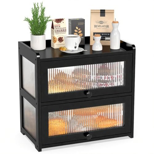 Extra Large Bamboo Bread Box for Kitchen Counter (Black-Flip Doors)