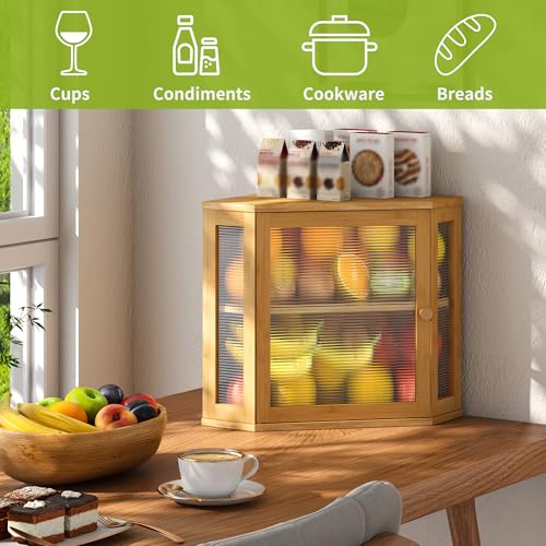 Corner Bread Box for Kitchen Countertop Double Layer Bamboo Wooden Bread box Large Capacity Bread Storage Bin (Natural / Medium)