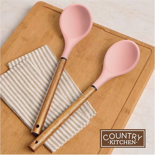 Non Stick Silicone Utensil Set with Rounded Wood Handles for Cooking and Baking (8 Piece Set / Pink)