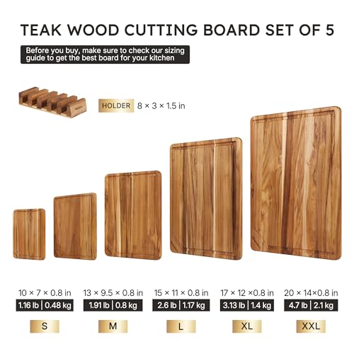 5 Pack Teak Wood Cutting Boards for Kitchen Wooden Chopping Board Non Toxic (Set of 5)