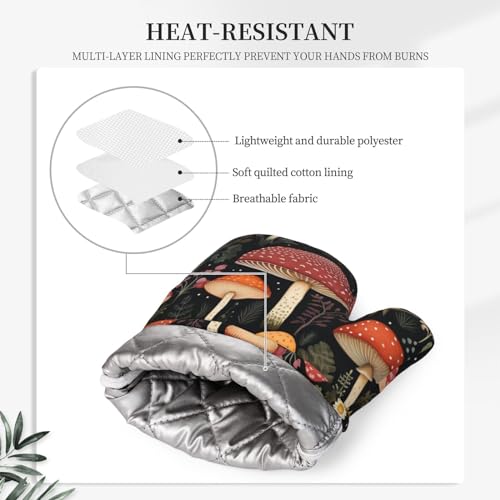 Oven Mitts and Pot Holders Mushroom Botanical Leaf Vintage Silicone Kitchen Accessories Set of 4 Heat Resistant Long Gloves Potholder Non (A0632)