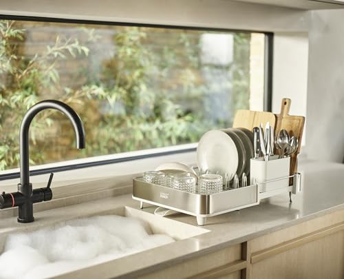 Extend Steel Expandable Dish Drying Rack with Removable Cutlery Holder Swivel Draining Spout (1-tier / Light Stone)