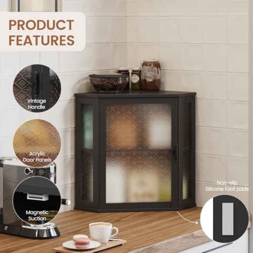Corner Bread Box for Kitchen Countertop Double Layer Bamboo Wood Large Capacity Bread Storage Container Retro Vintage Farmhouse (Black / Extra Large)