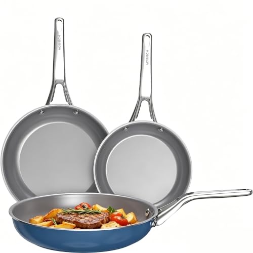 3 Piece Blue Ceramic Nonstick Frying Pan Set (Blue)