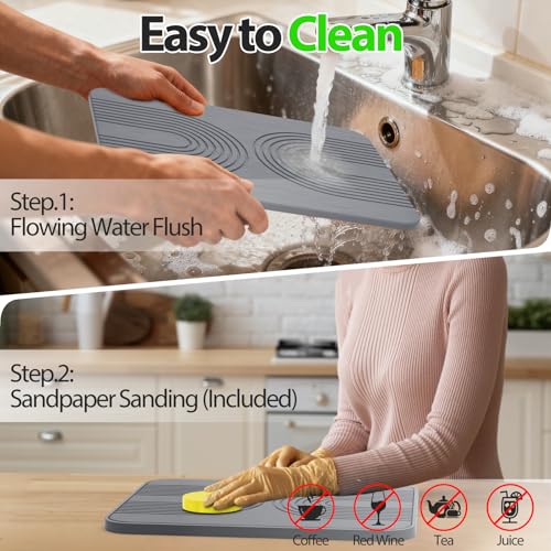 2 PCS Stone Dish Drying Mat ＆ Silicone Mat for Kitchen Counter (Gray / 16.14*12.4inch)