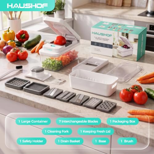 9-in-1 Vegetable Chopper & Mandoline Slicer, 7 Blades, Drain Basket