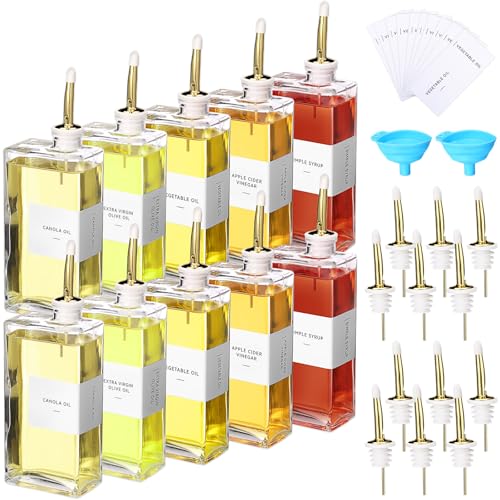 10 Sets Olive Oil Dispenser Bottles for Kitchen with Nozzles Funnel Labels Cooking Oil Dispenser 500ml Set for Kitchen Vinegar Coffee Syrup (Gold)