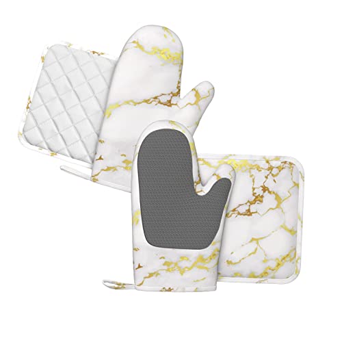 Marble Oven Mitts Pot Holders Set Silicone White Gold Kitchen Gloves Potholders Heat Resistant for Chef Baking Cooking Grilling BBQ 4 Pack Mitt (A2)