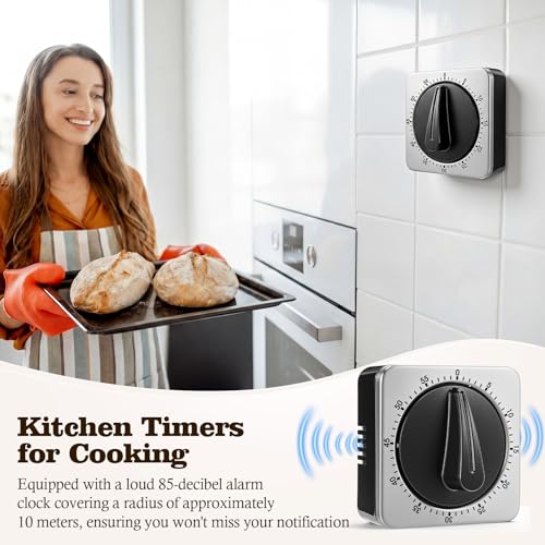 4 Pack Mechanical Kitchen Timer for Chef Cooking Countdown Reminder 60 Minute Wind up Magnetic Stainless Steel Loud Alarm No Batteries Desk Timer for Sport Home Office