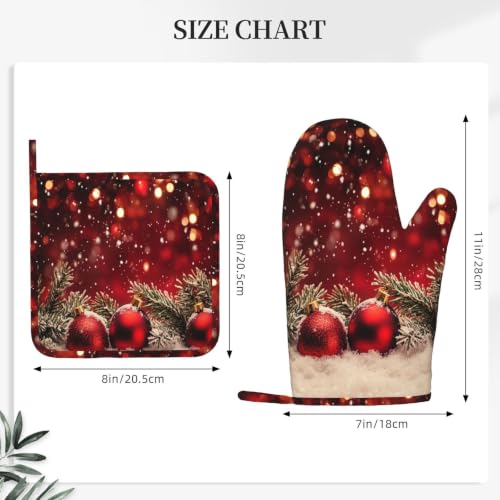 Oven Mitts and Pot Holders Set Red Christmas Ball Glitter Silicone Kitchen Accessories 4 Piece Heat Resistant Long Gloves Potholder Non (C11)
