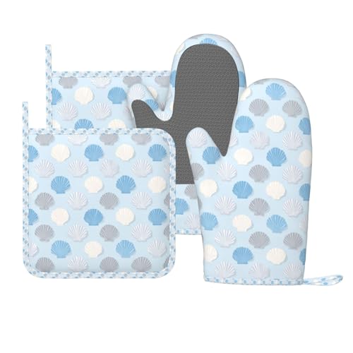Oven Mitts and Pot Holders Summer Seashell Blue Pastel Silicone Kitchen Accessories Set of 4 Heat Resistant Long Gloves Potholder Non (A063225)