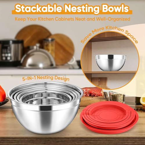 5 Piece Mixing Bowls with Airtight Lids (Red / 4.6, 3.5, 2.5, 2, 1.5QT)