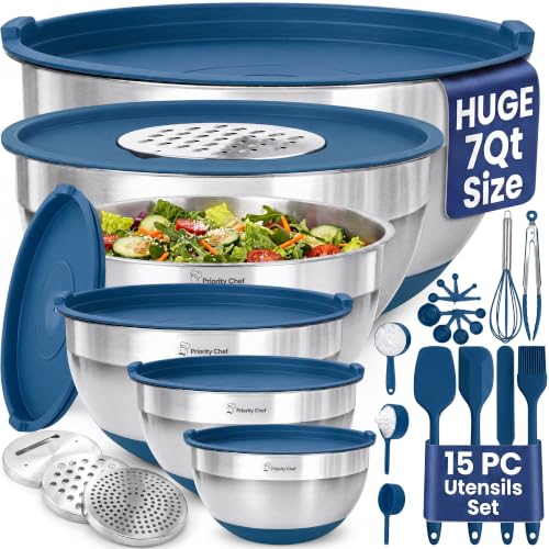 6Pc Stainless Steel Mixing Bowls with Lids Set (Blue)