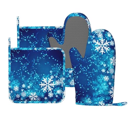 Oven Mitts and Pot Holders Blue Snowflake Winter Christmas Silicone Kitchen Accessories Set of 4 Heat Resistant Long Gloves Potholder Non (A063218)