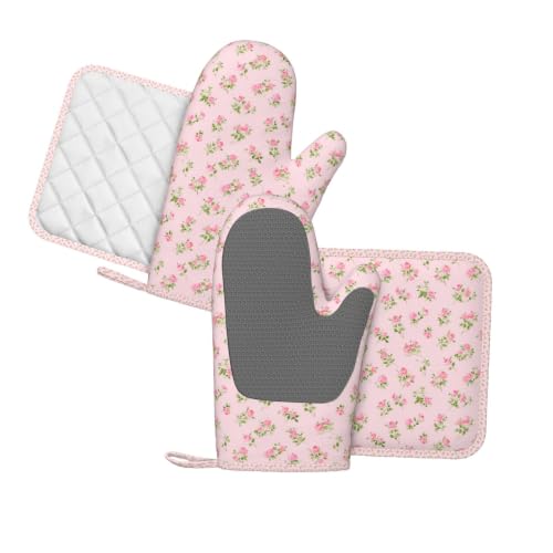Oven Mitts Pot Holders Set Watercolor Rose Pink Silicone Kitchen Gloves Potholders Heat Resistant for Chef Baking Cooking Grilling BBQ 4 Pack Mitt (A0614)