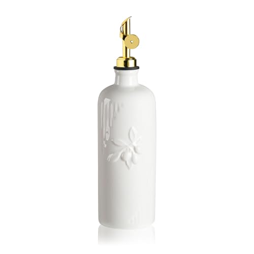 Sweejar Ceramic Olive Oil Dispenser Bottle for Kitchen Counter (White / 20 oz (Gold Spout))