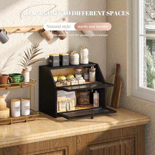 Bread Box for Kitchen Countertop Bin Double Layer Bread Box Storage Container Extra Large Capacity Farmhouse with Diamond Pattern Windows (Black / Large)