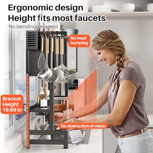 Over The Sink Dish Drainer Drying Rack 3 Tiers with Cover (Black / 37.4in)