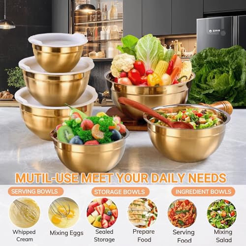 7 Pack Gold Mixing Bowls Set with 5 PCS Kitchen Accessories