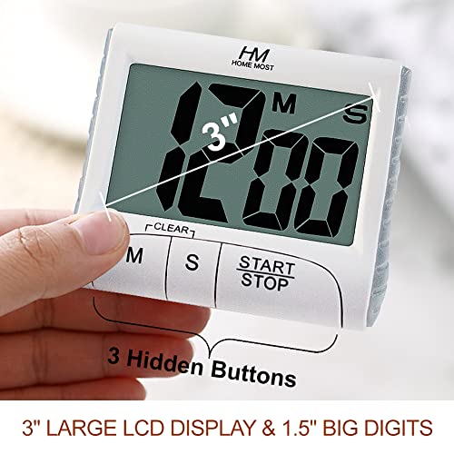 2 Pack Large Display Kitchen Timer (2 - Pack Matte White - Sleek Design - 3 Big No Show Function Buttons / 3" Large LCD Display - 1.5" Big Digits -Loud Alarm)